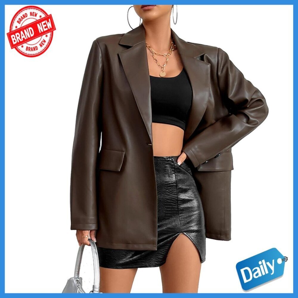 Faux Leather Blazer Jacket Moto Biker Coat Long Sleeves Button Closure